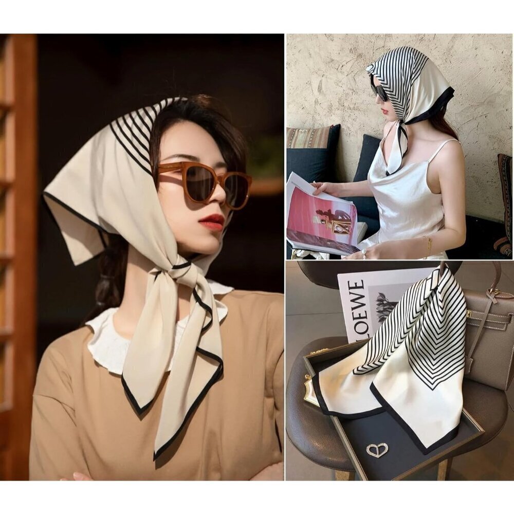 Women White Stripe Headscarf Satin Bandana Pattern Polyester Breathable Scarves - Picture 5 of 7